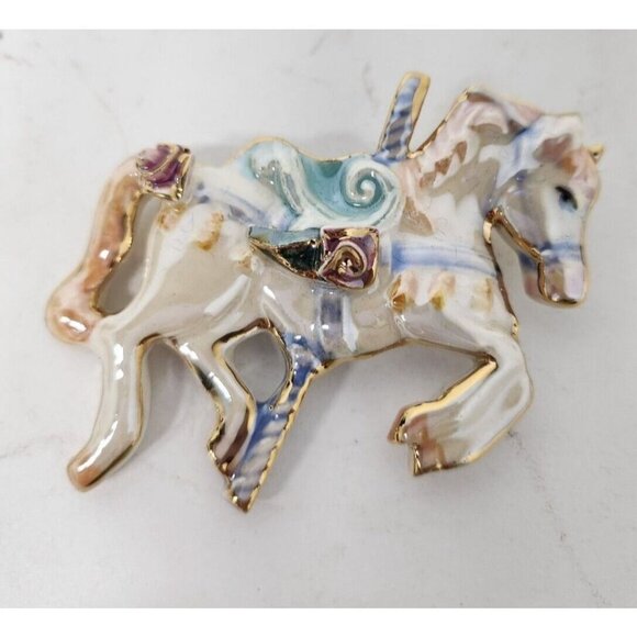 Vintage Other - VINTAGE Ceramic Glossy Figural Carousel Horse Brooch Pin Fashion Jewelry